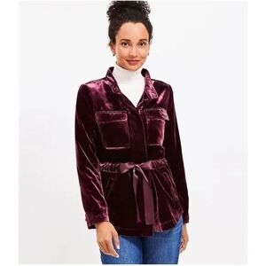 Loft Velvet Utility Jacket Womens M Wine Berry Belted Blazer